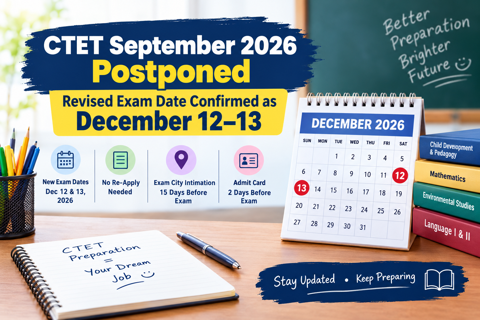 CTET September 2026 Postponed: Revised Exam Date Confirmed as December 12–13